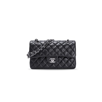 CHANEL MASTER SMALL CLASSIC DOUBLE FLAP BLACK LAMBSKIN SILVER HARDWARE A01113 (23*14.5*6cm)